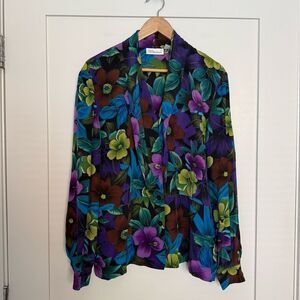 Vtg Dana Buchman Blouse Womens Sz 14 Purple Floral 100% Silk Feminine Whimsical